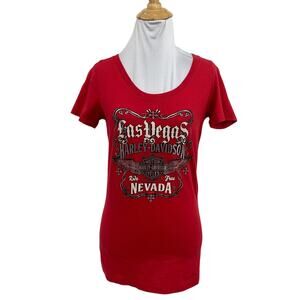 Harley Davidson T Shirt Womens M Medium Red Cotton Las Vegas Nevada Short Sleeve
